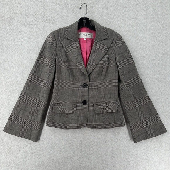 Trina‎ Turk Plaid Blazer Jacket Womens 4 Black White Bell Sleeve 2 Button Career - Picture 1 of 15